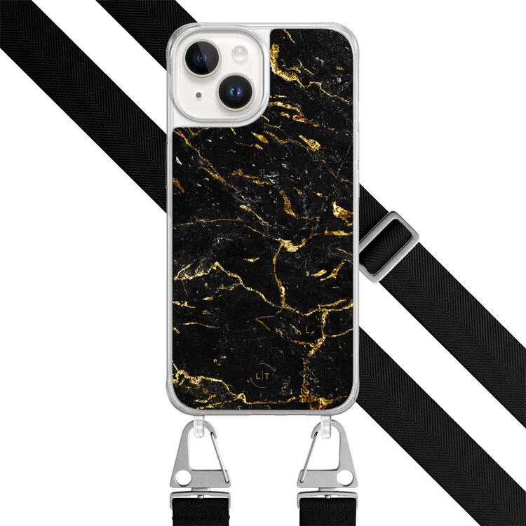 Leuke Telefoonhoesjes iPhone 14 hoesje met zwart koord - Marmer zwart goud