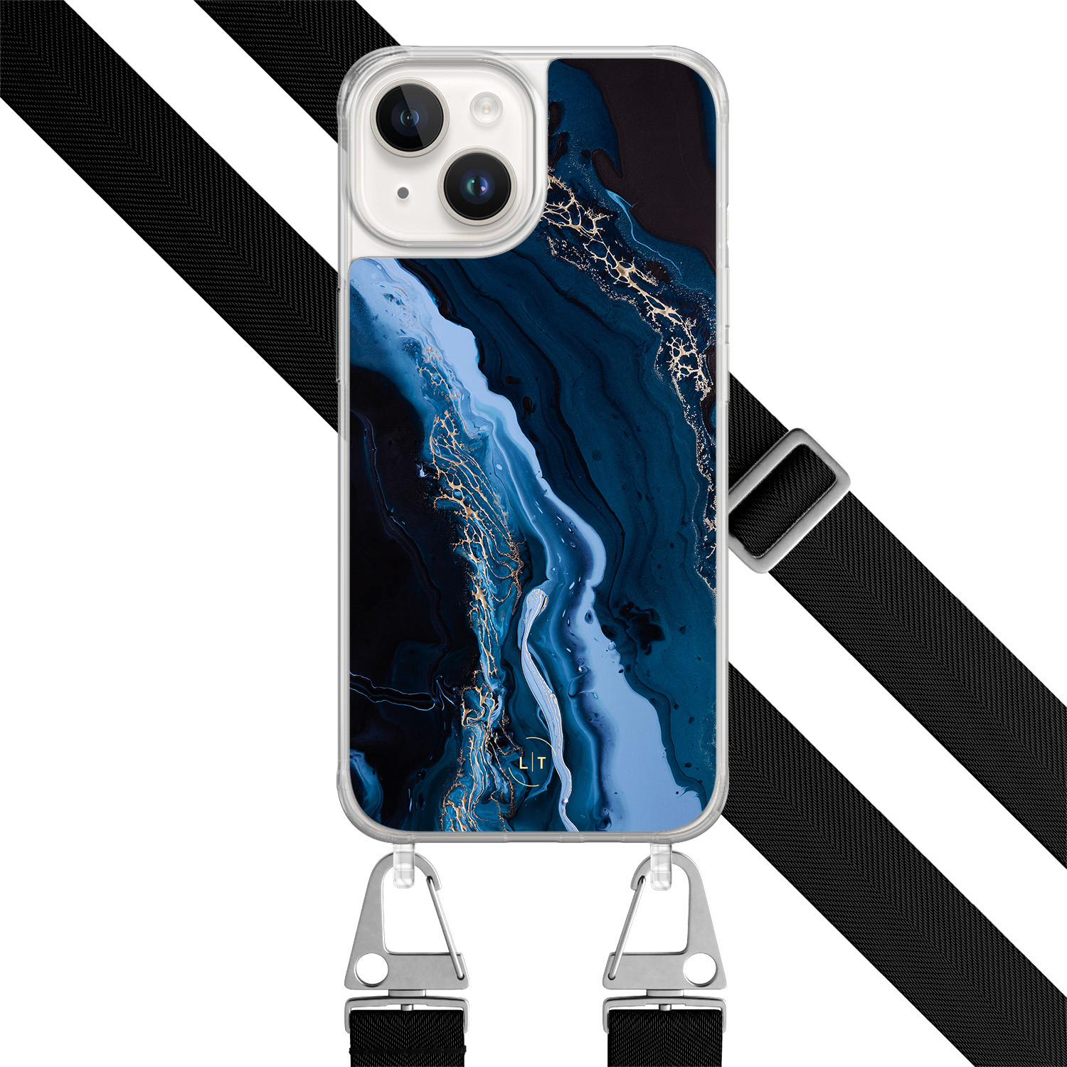 Leuke Telefoonhoesjes iPhone 14 hoesje met zwart koord - Marmer lagoon blauw