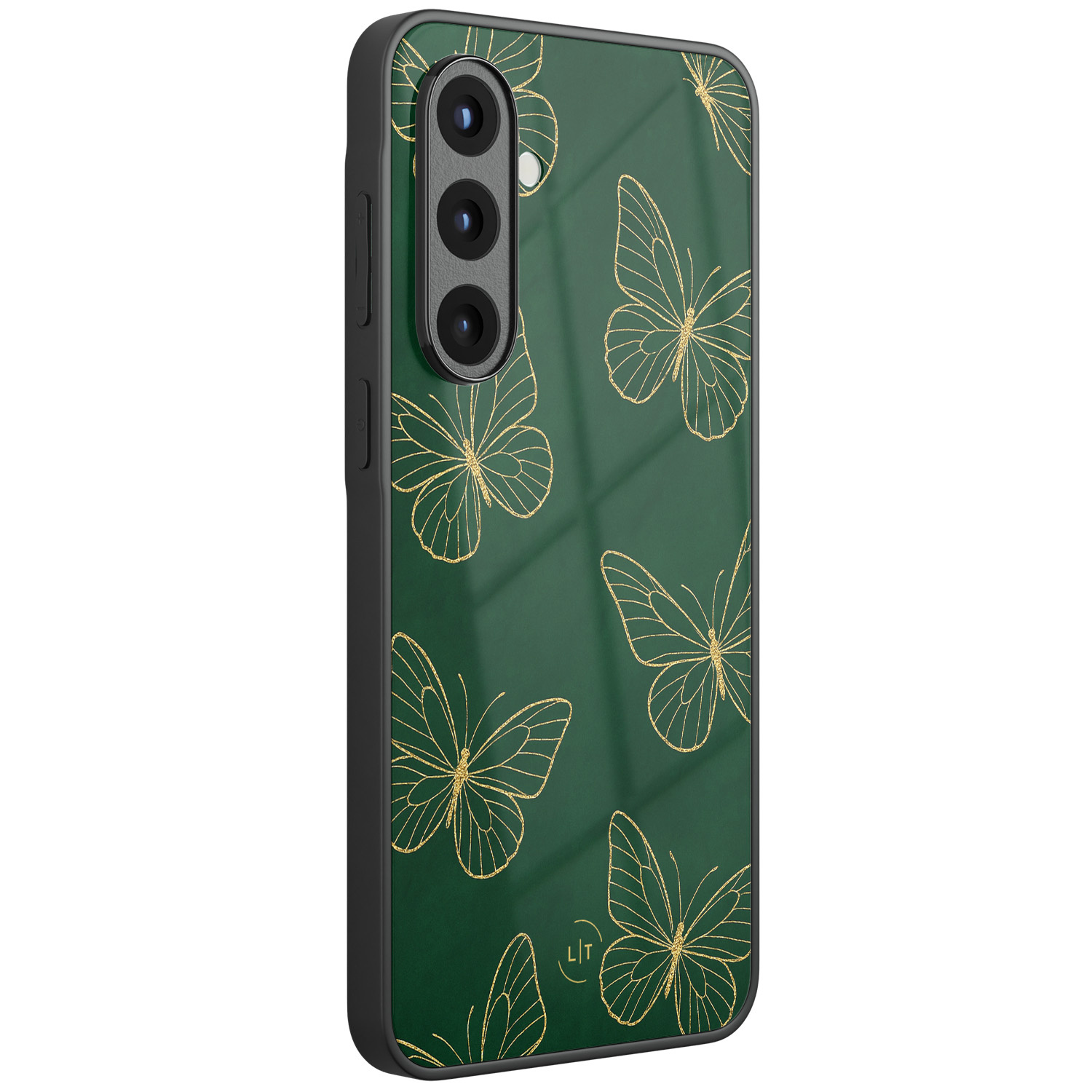 Leuke Telefoonhoesjes Samsung Galaxy A56 hoesje glas - Emerald butterflies