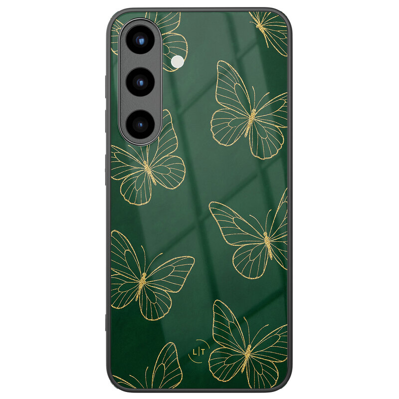 Leuke Telefoonhoesjes Samsung Galaxy S25 hoesje glas - Emerald butterflies