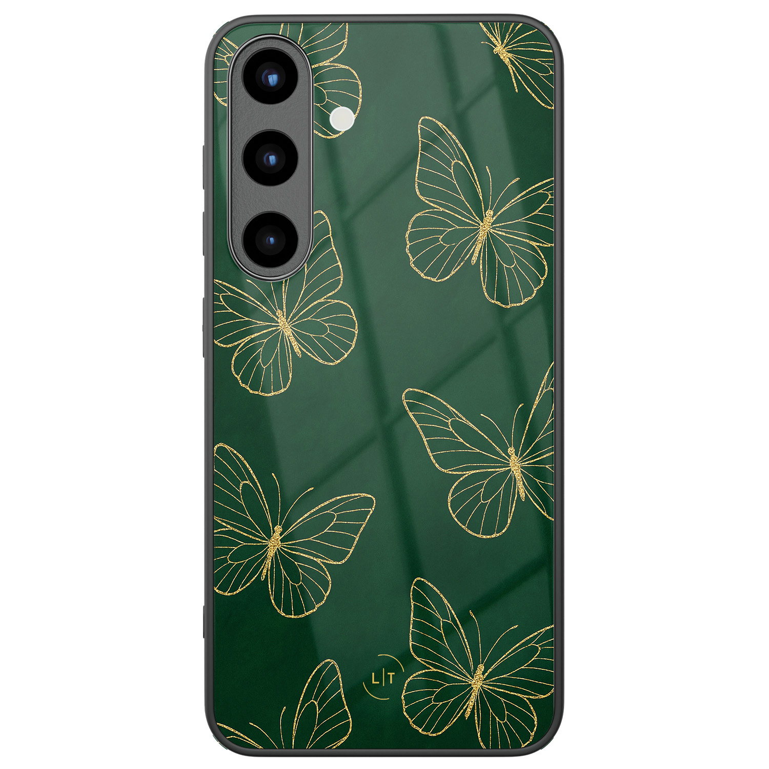 Leuke Telefoonhoesjes Samsung Galaxy S25 hoesje glas - Emerald butterflies