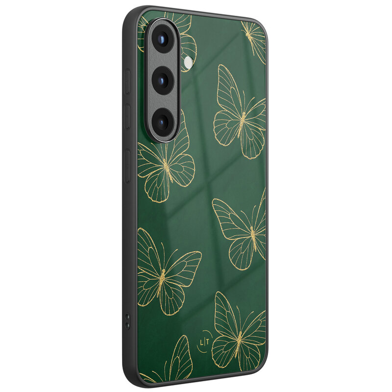 Leuke Telefoonhoesjes Samsung Galaxy S25 hoesje glas - Emerald butterflies