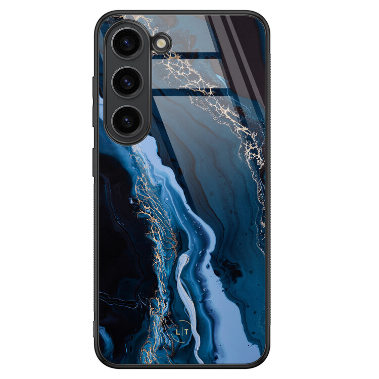 Leuke Telefoonhoesjes Samsung Galaxy S23 hoesje glas - Marmer lagoon blauw