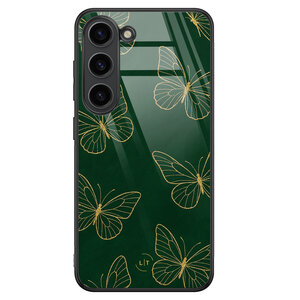 Leuke Telefoonhoesjes Samsung Galaxy S23 hoesje glas - Emerald butterflies