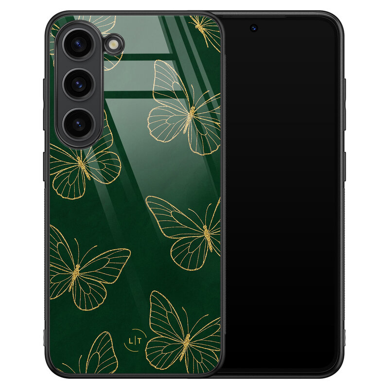 Leuke Telefoonhoesjes Samsung Galaxy S23 hoesje glas - Emerald butterflies