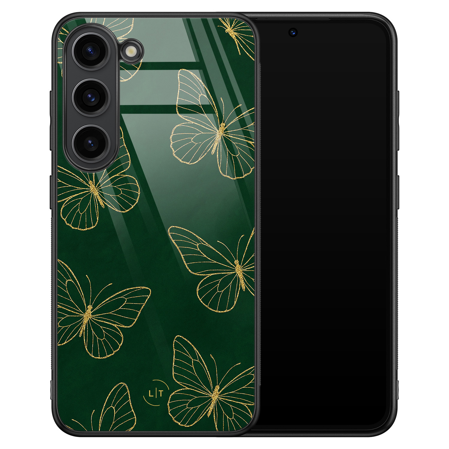Leuke Telefoonhoesjes Samsung Galaxy S23 hoesje glas - Emerald butterflies
