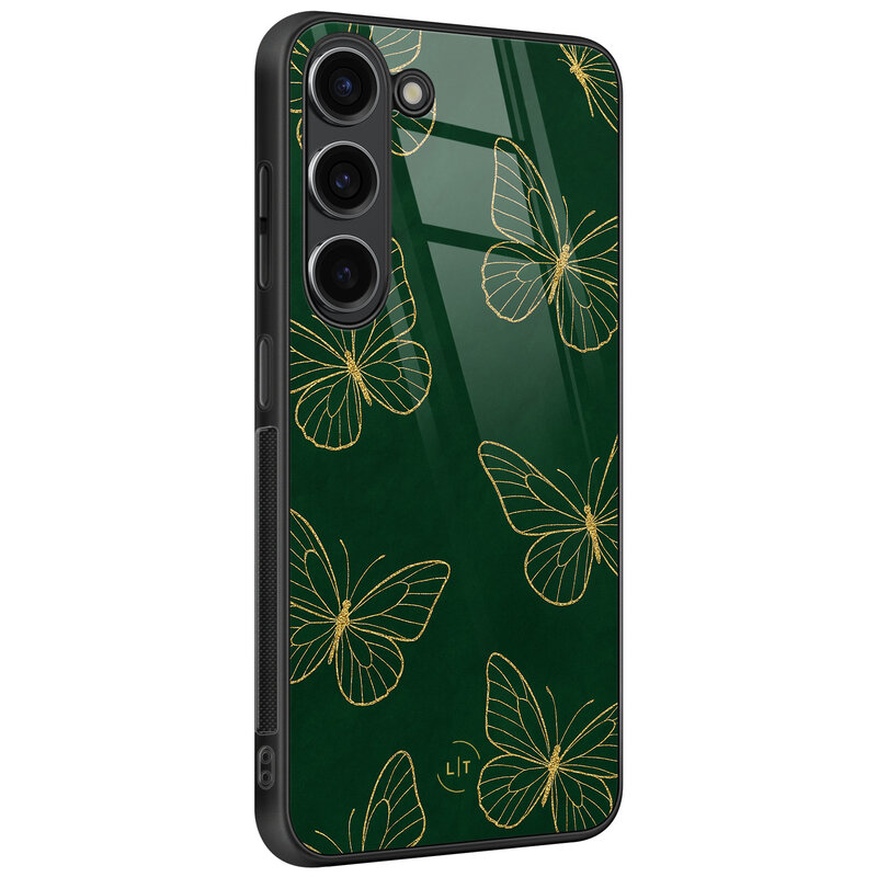 Leuke Telefoonhoesjes Samsung Galaxy S23 hoesje glas - Emerald butterflies