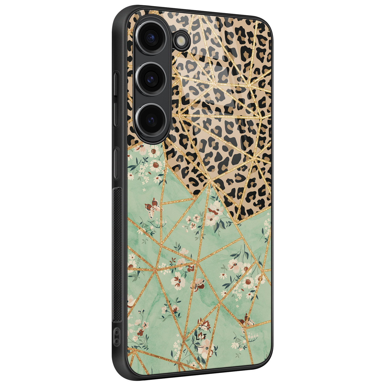 Leuke Telefoonhoesjes Samsung Galaxy S23 hoesje glas - Luipaard flower print