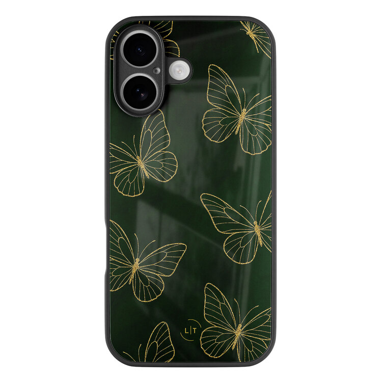 Leuke Telefoonhoesjes iPhone 16 hoesje glas - Emerald butterflies