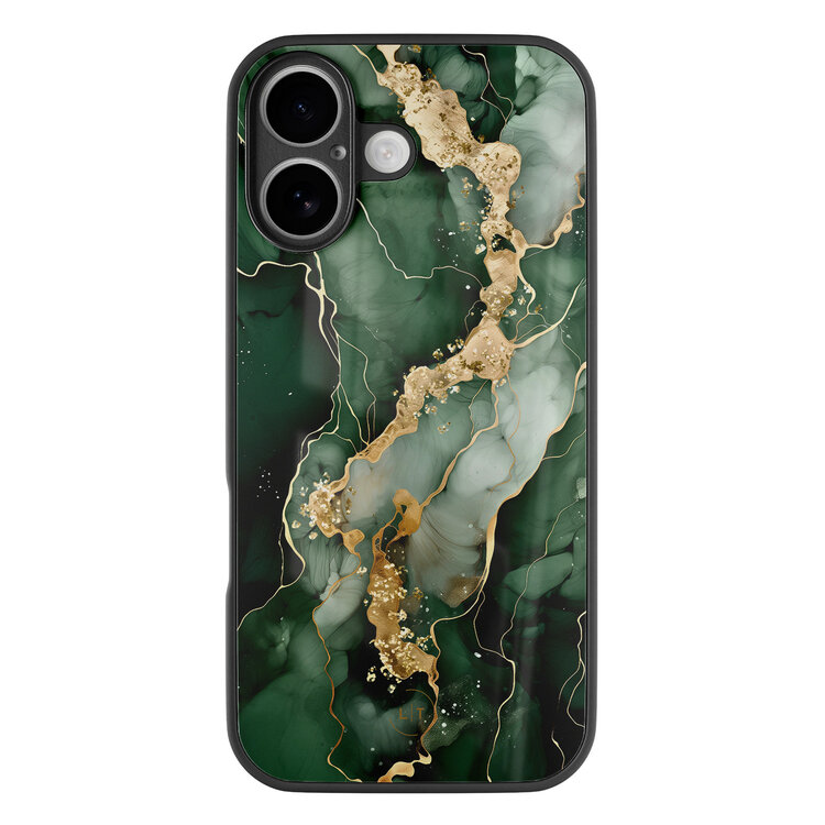 Leuke Telefoonhoesjes iPhone 16 hoesje glas - Marmer groen goud
