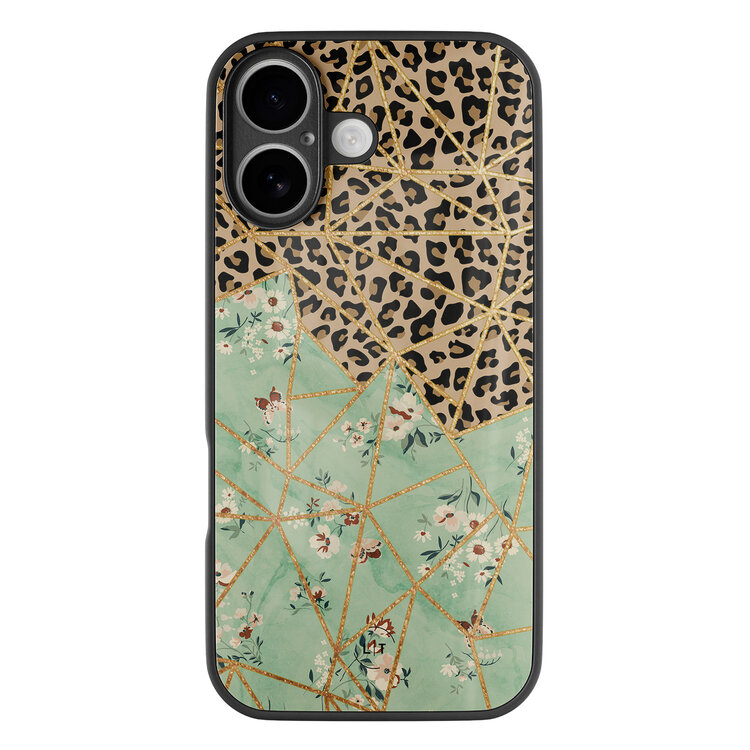 Leuke Telefoonhoesjes iPhone 16 hoesje glas - Luipaard flower print