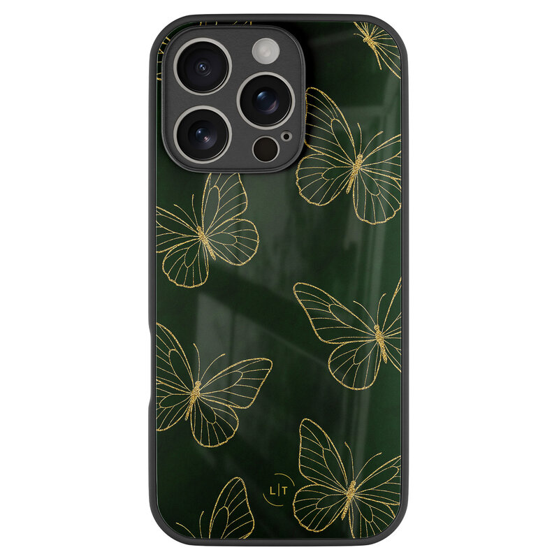 Leuke Telefoonhoesjes iPhone 16 Pro hoesje glas - Emerald butterflies
