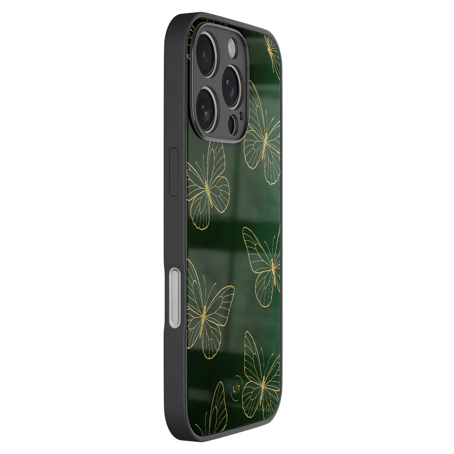 Leuke Telefoonhoesjes iPhone 16 Pro hoesje glas - Emerald butterflies
