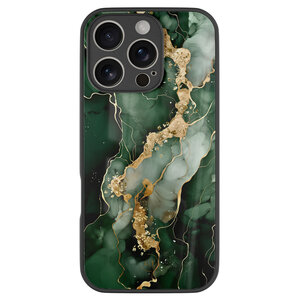 Leuke Telefoonhoesjes iPhone 16 Pro hoesje glas - Marmer groen goud