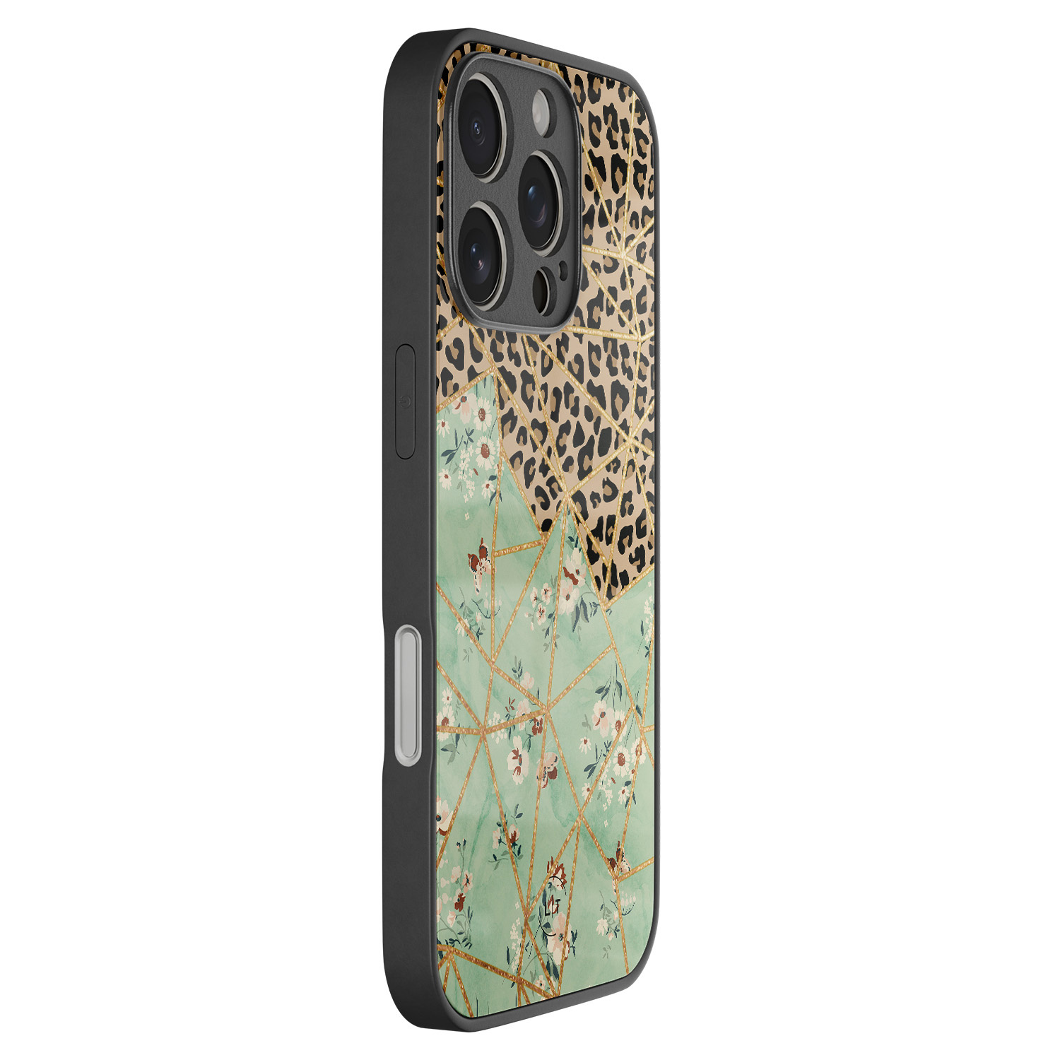 Leuke Telefoonhoesjes iPhone 16 Pro hoesje glas - Luipaard flower print