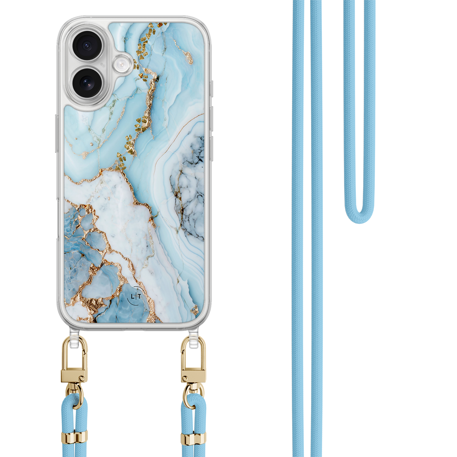 Leuke Telefoonhoesjes iPhone 17 hoesje met blauw koord - Marmer babyblauw