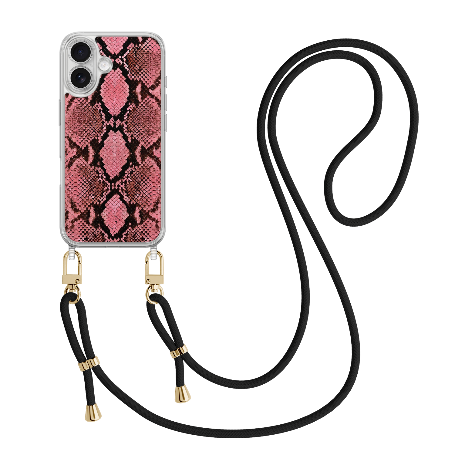 Leuke Telefoonhoesjes iPhone 17 hoesje met zwart koord - Slangenprint roze