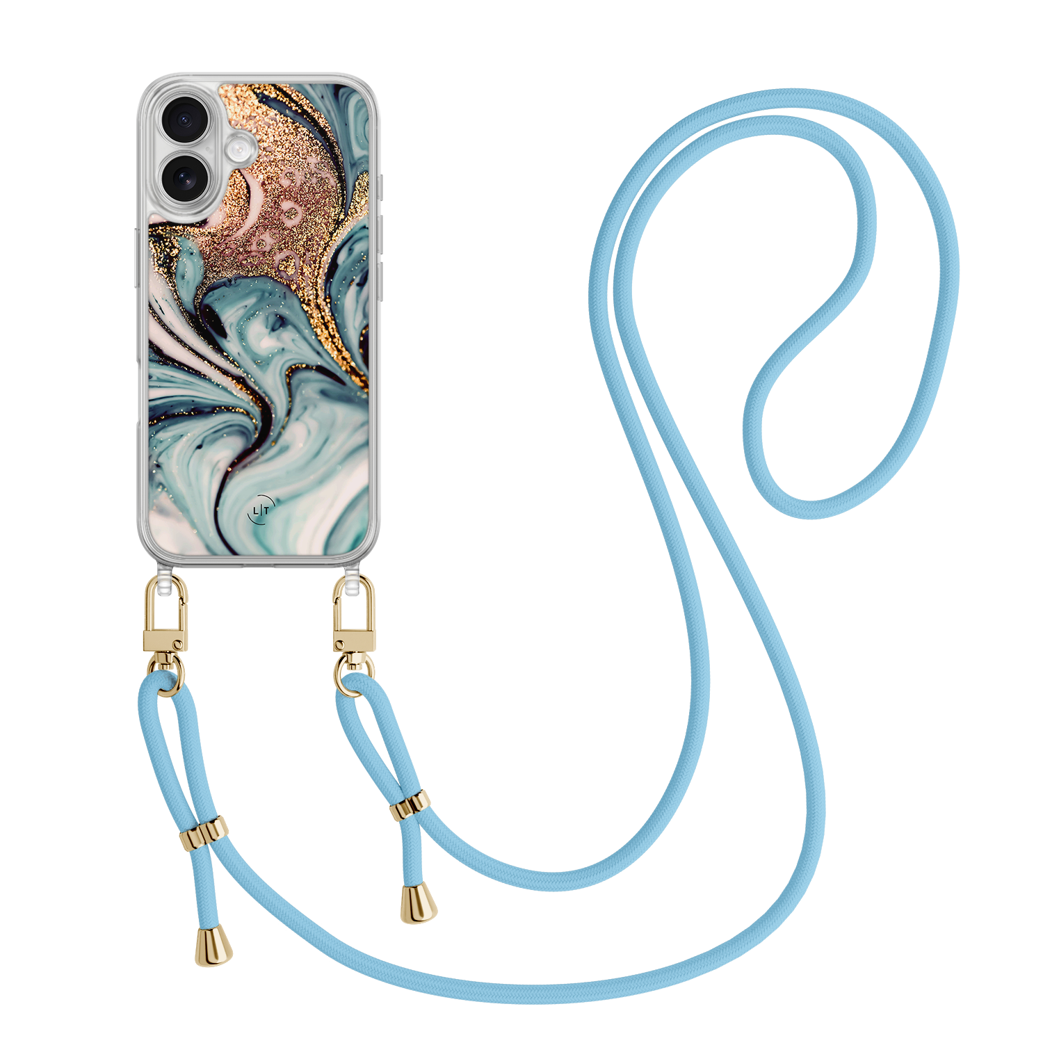 Leuke Telefoonhoesjes iPhone 17 hoesje met blauw koord - Azure gold swirl