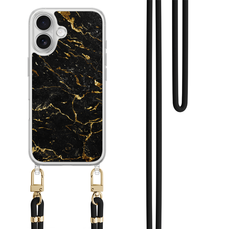 Leuke Telefoonhoesjes iPhone 17 hoesje met zwart koord - Marmer zwart goud
