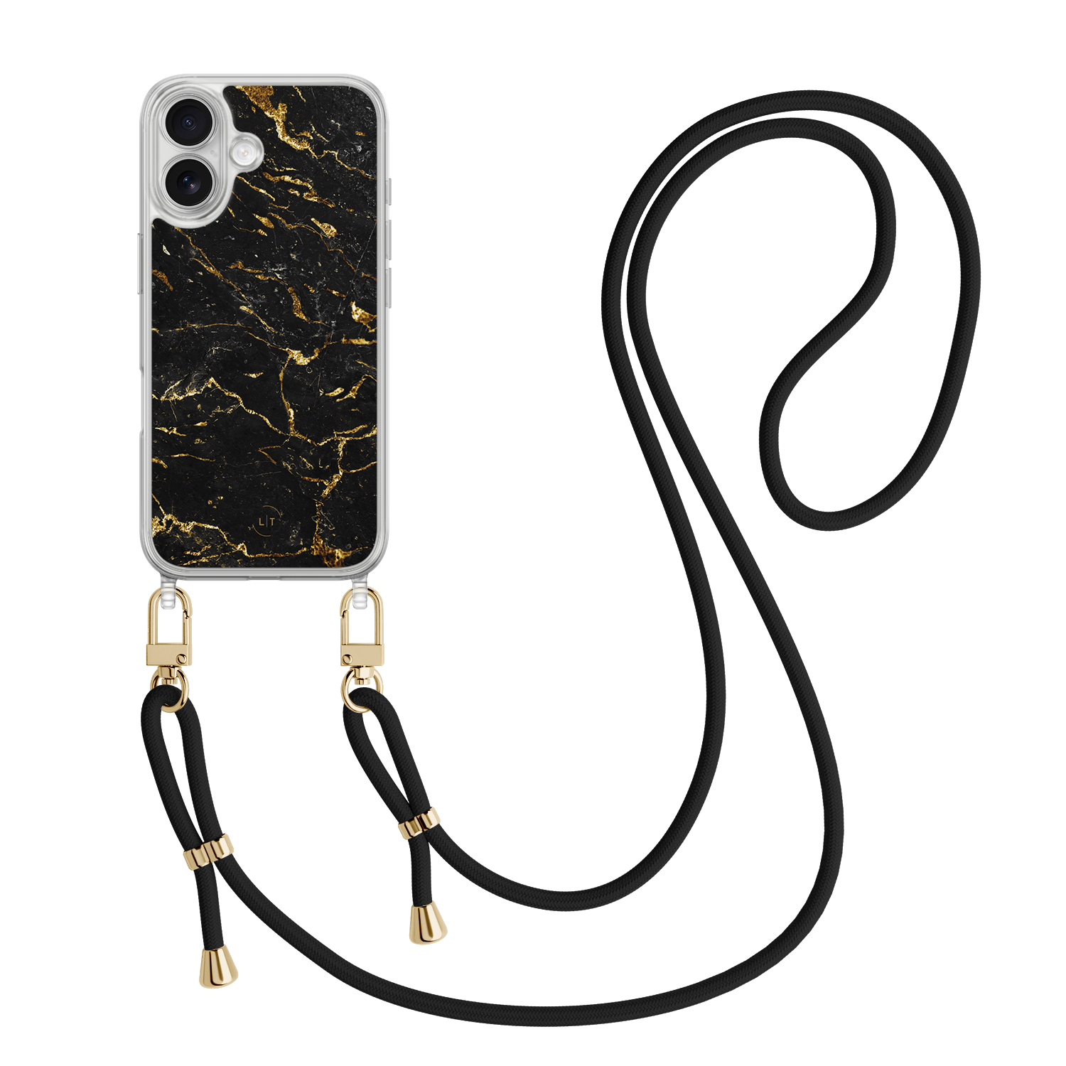 Leuke Telefoonhoesjes iPhone 17 hoesje met zwart koord - Marmer zwart goud