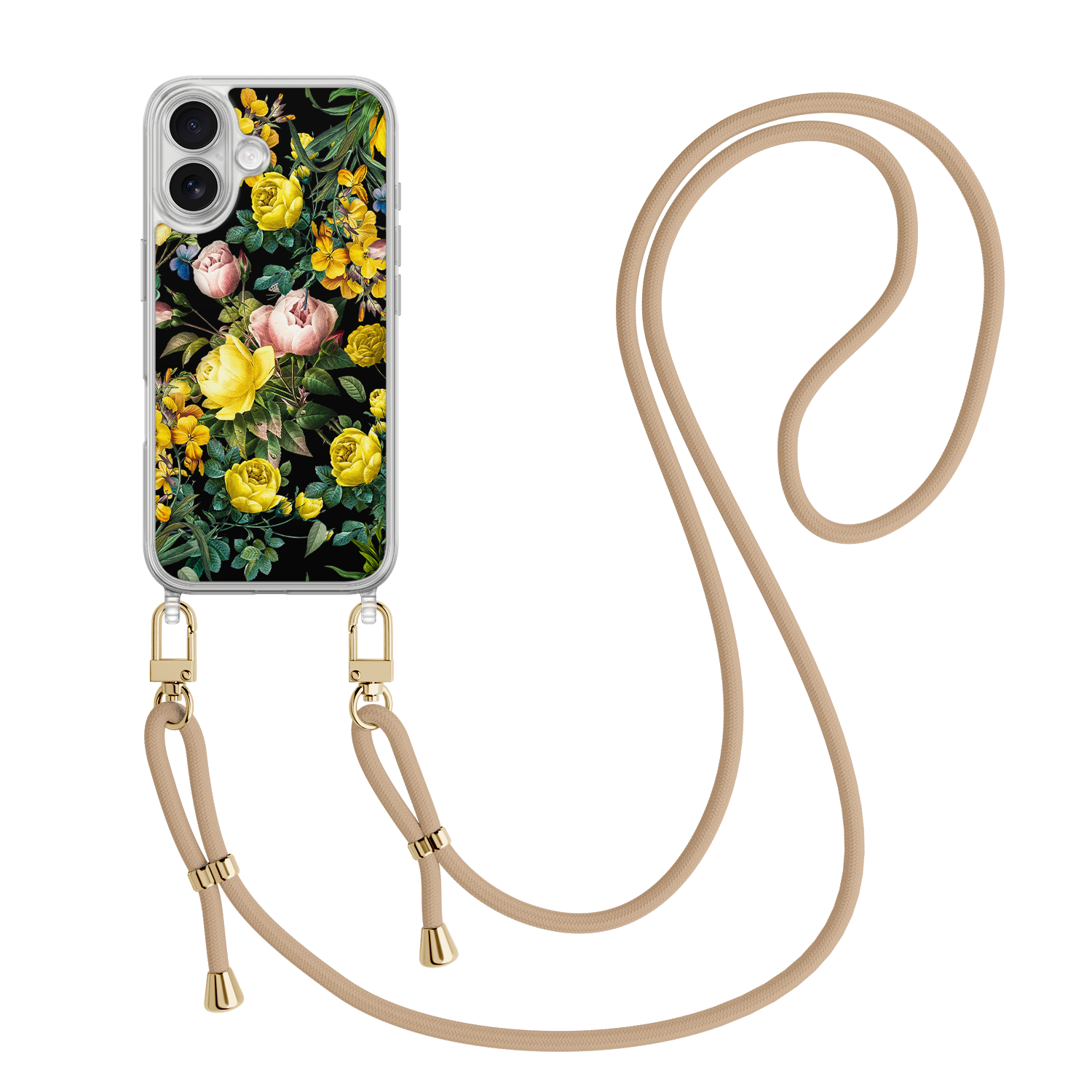 Leuke Telefoonhoesjes iPhone 17 hoesje met beige koord - Bloemen geel