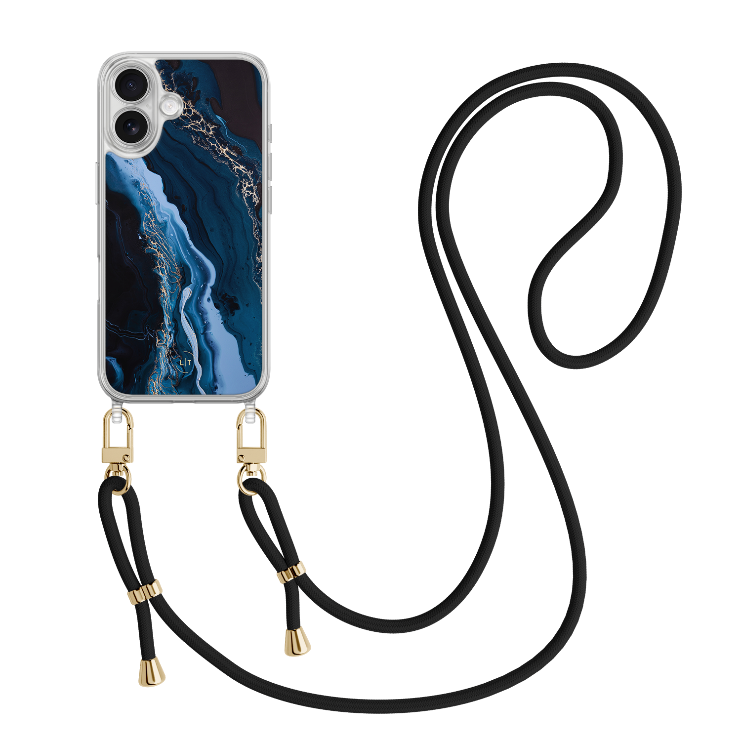 Leuke Telefoonhoesjes iPhone 17 hoesje met zwart koord - Marmer lagoon blauw