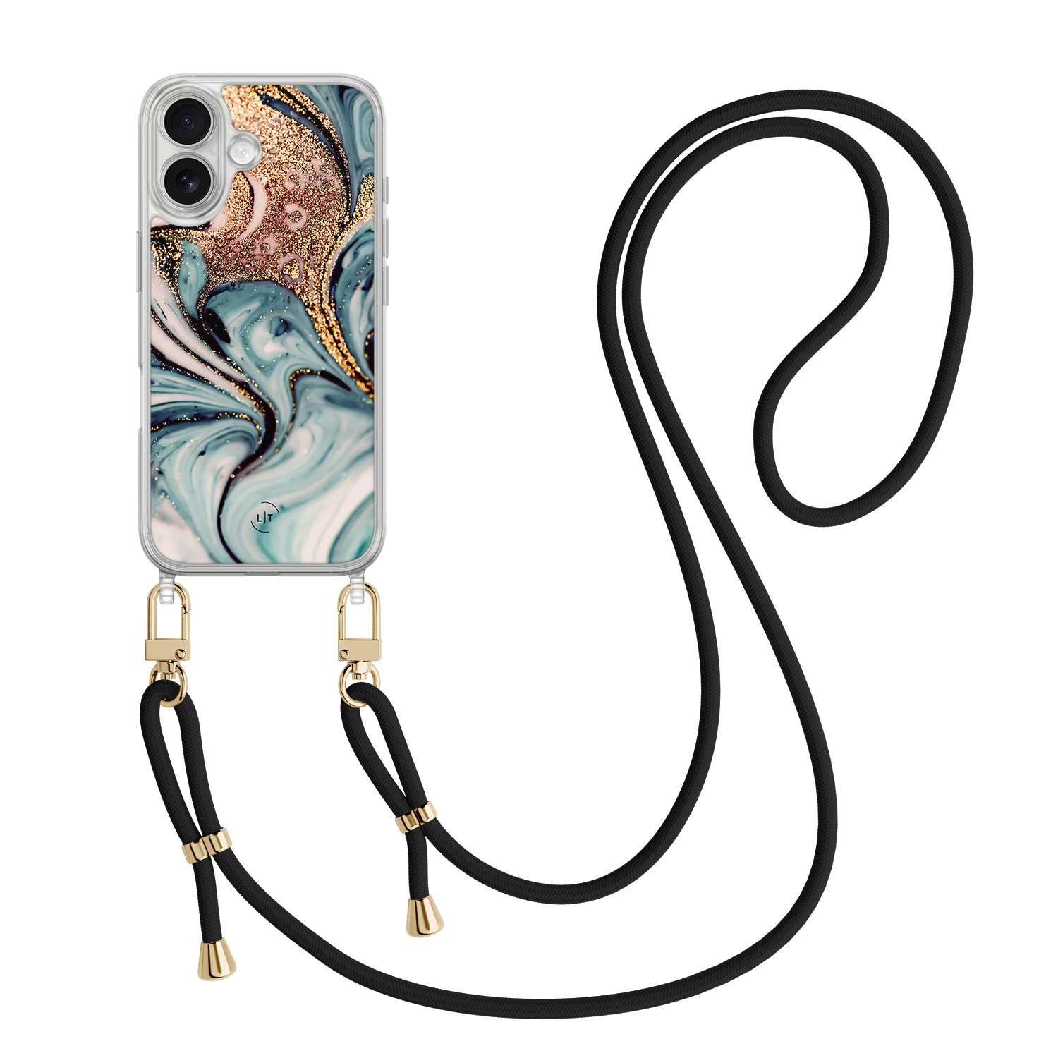 Leuke Telefoonhoesjes iPhone 17 hoesje met zwart koord - Azure gold swirl