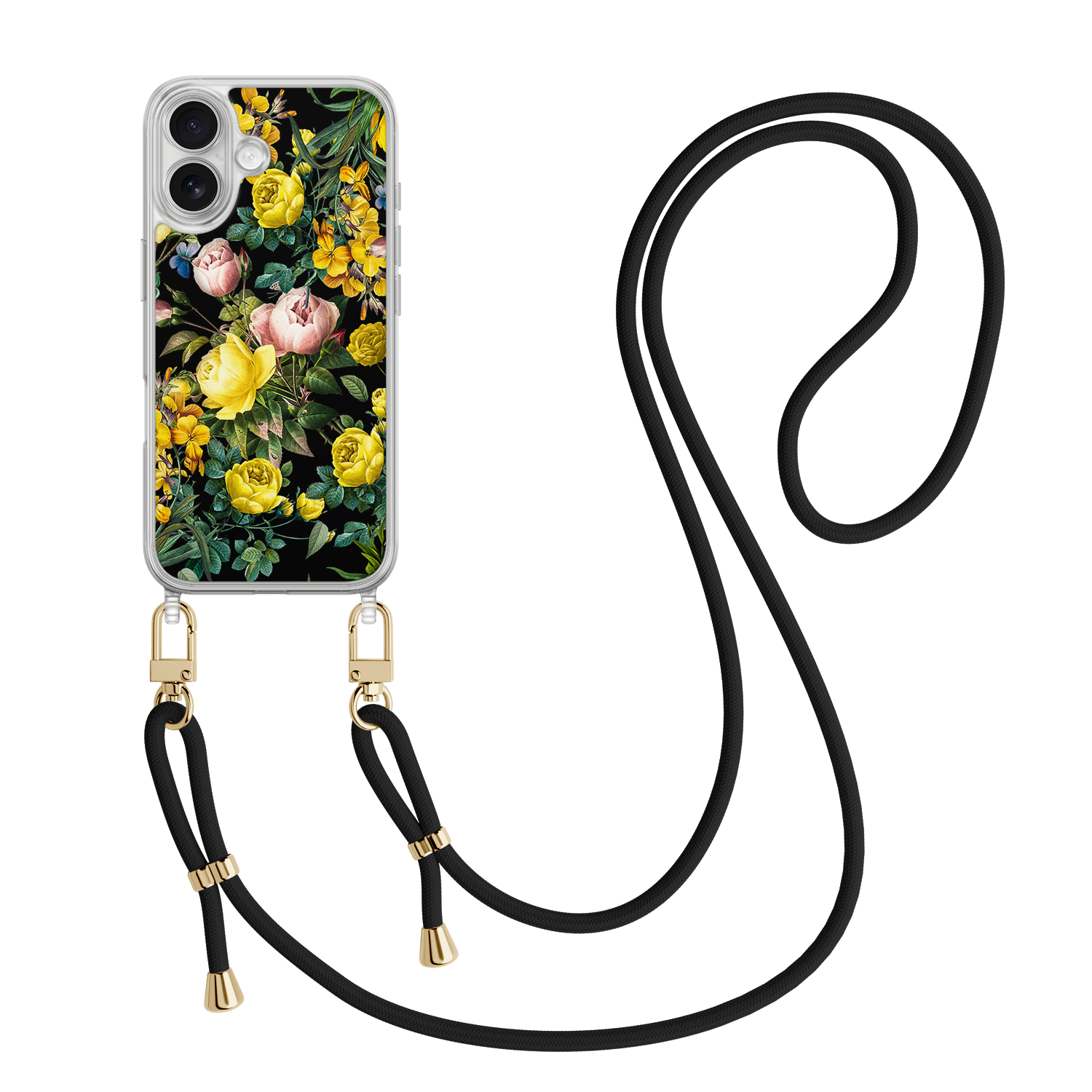 Leuke Telefoonhoesjes iPhone 17 hoesje met zwart koord - Bloemen geel