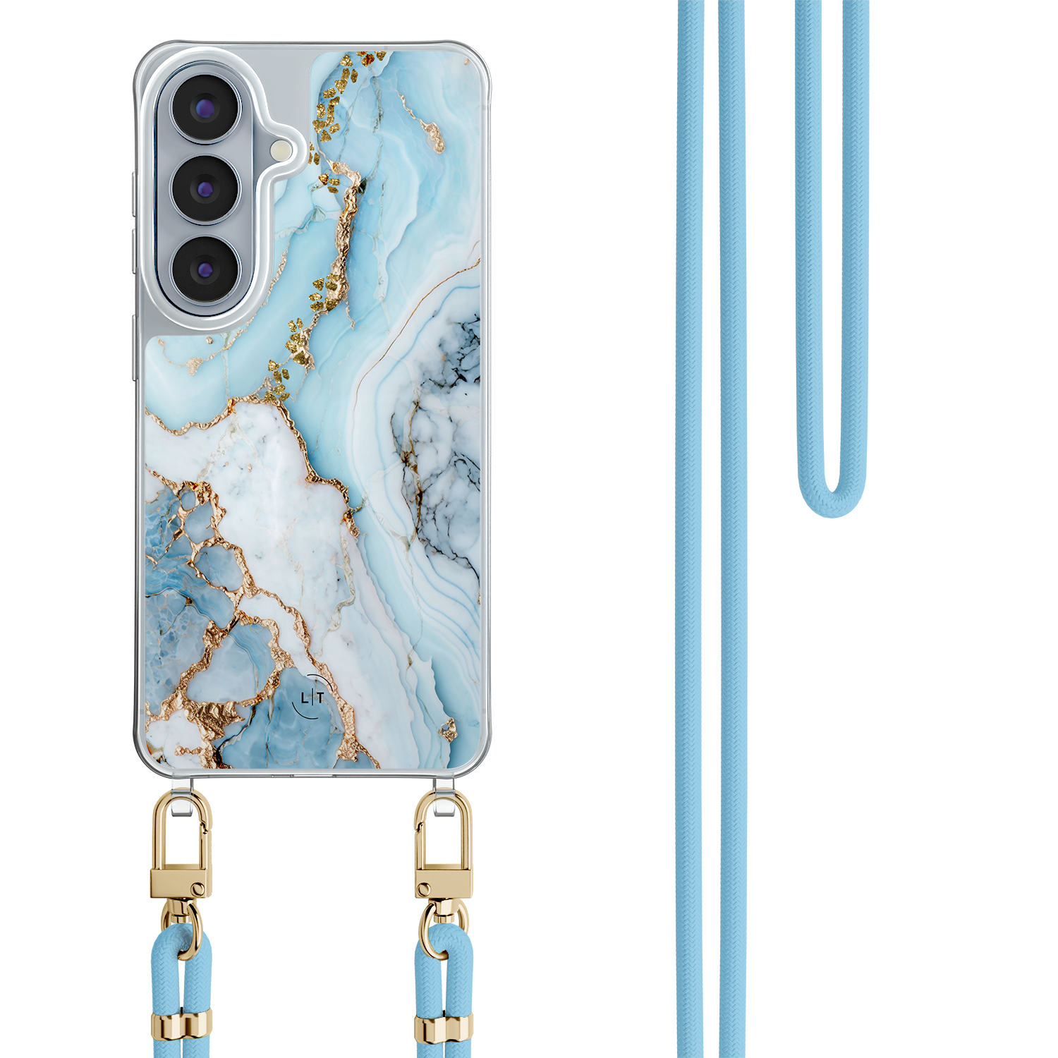 Leuke Telefoonhoesjes Samsung Galaxy S26 hoesje met blauw koord - Marmer babyblauw