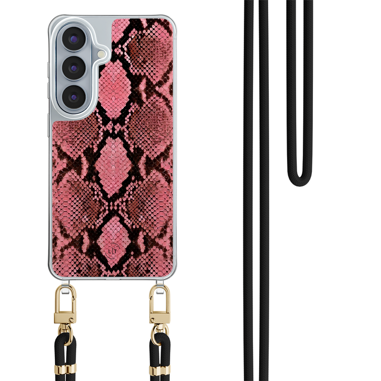 Leuke Telefoonhoesjes Samsung Galaxy S26 hoesje met zwart koord - Slangenprint roze