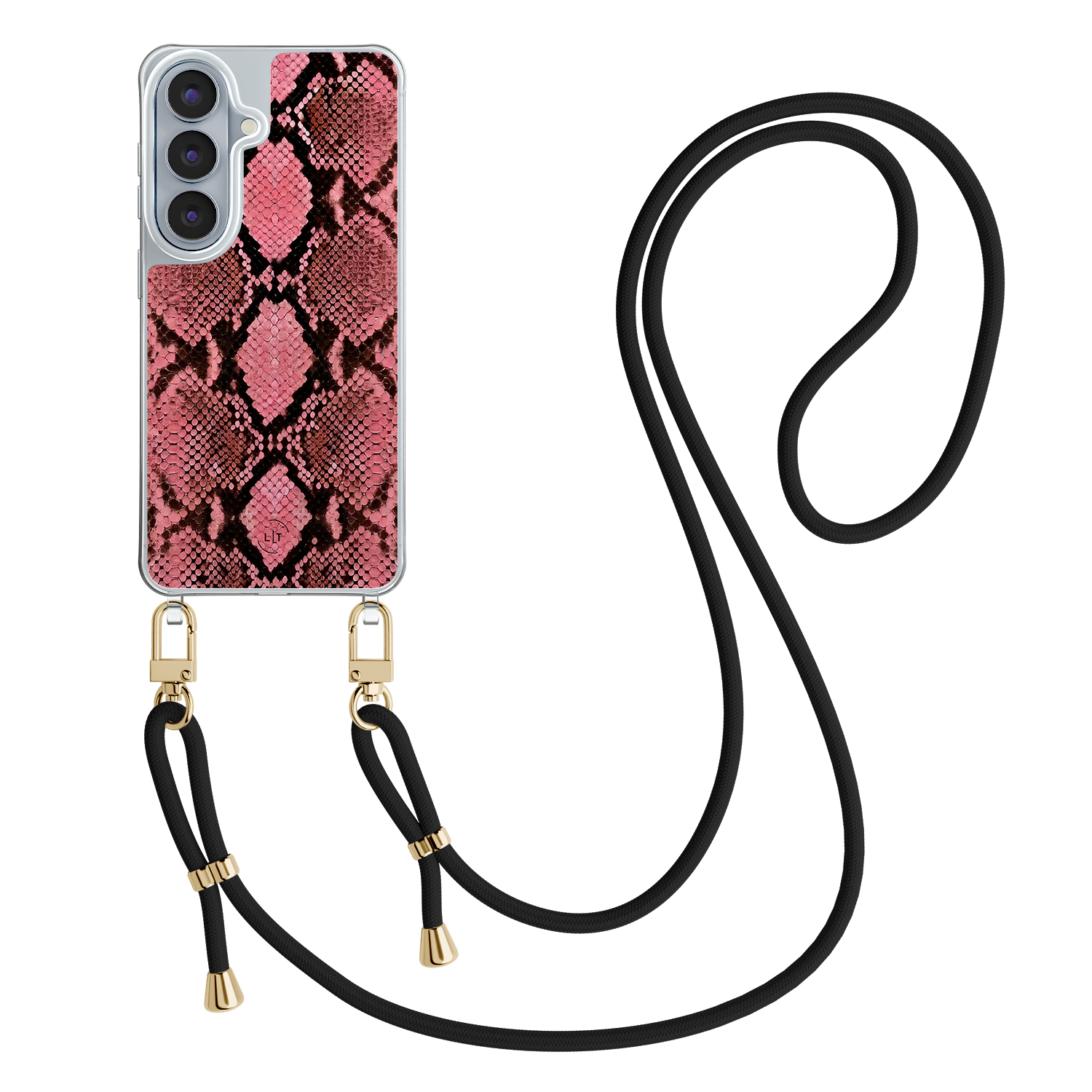 Leuke Telefoonhoesjes Samsung Galaxy S26 hoesje met zwart koord - Slangenprint roze