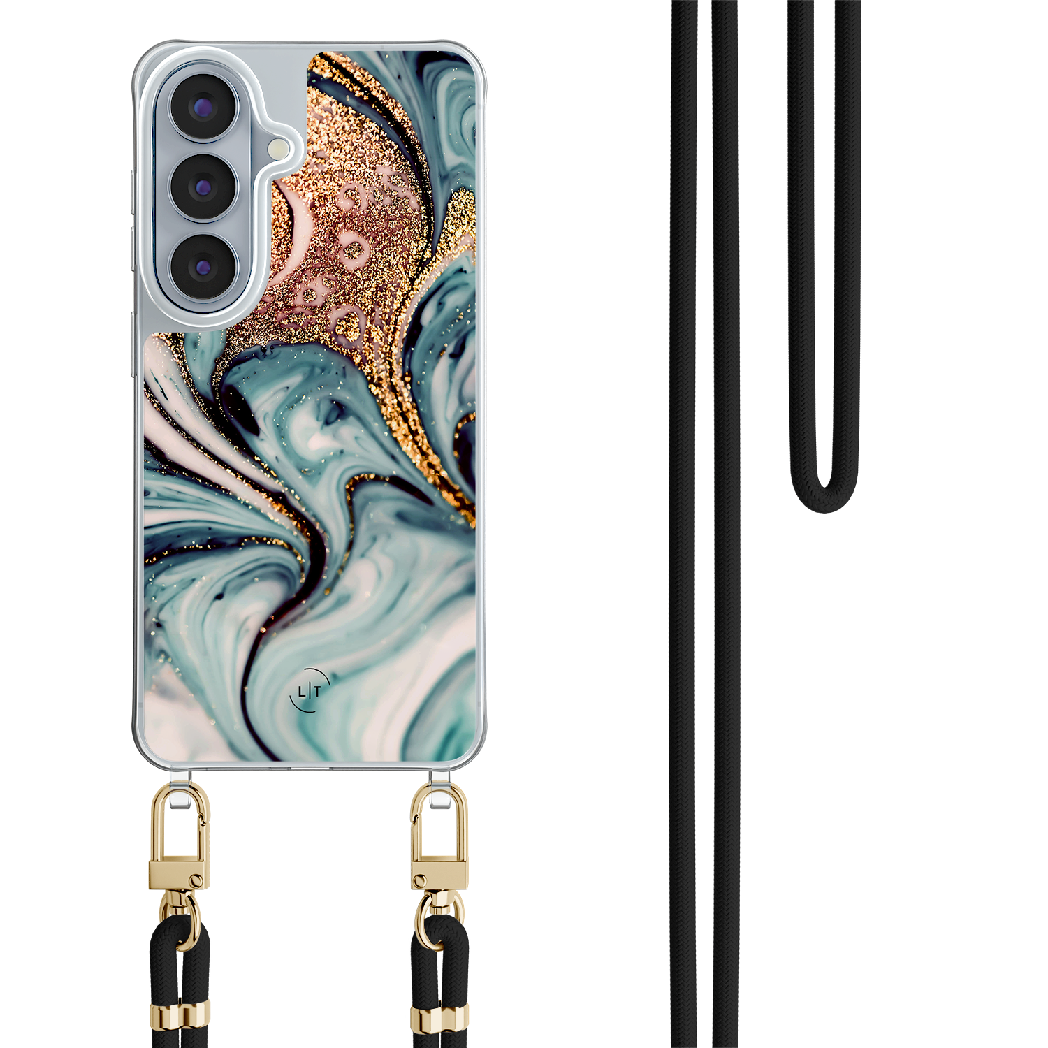 Leuke Telefoonhoesjes Samsung Galaxy S26 hoesje met zwart koord - Azure gold swirl