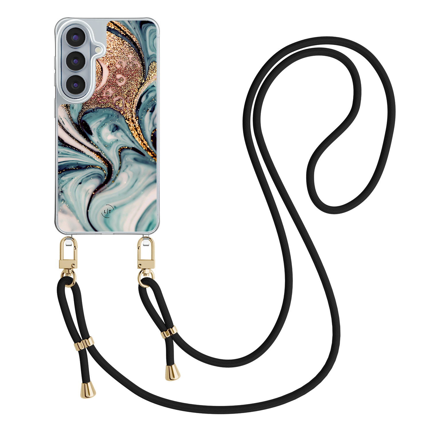 Leuke Telefoonhoesjes Samsung Galaxy S26 hoesje met zwart koord - Azure gold swirl