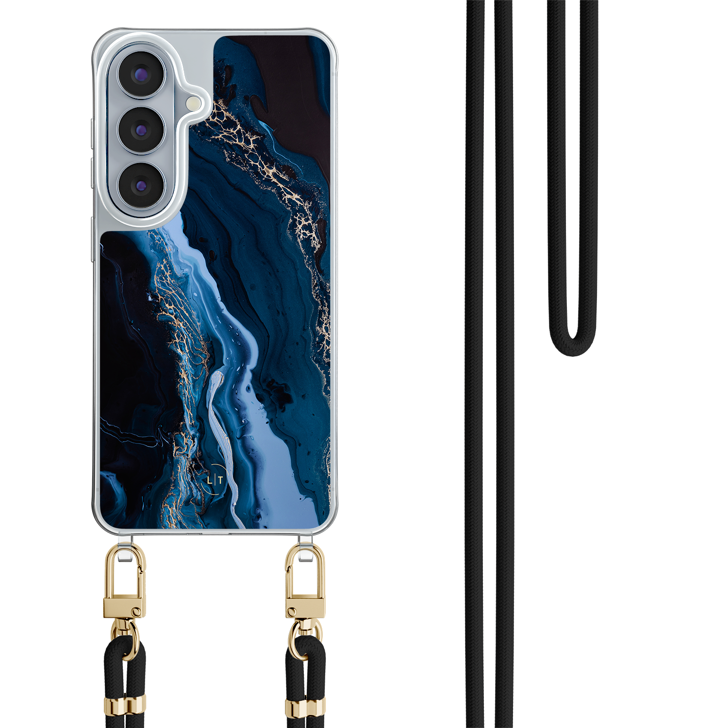 Leuke Telefoonhoesjes Samsung Galaxy S26 hoesje met zwart koord - Marmer lagoon blauw