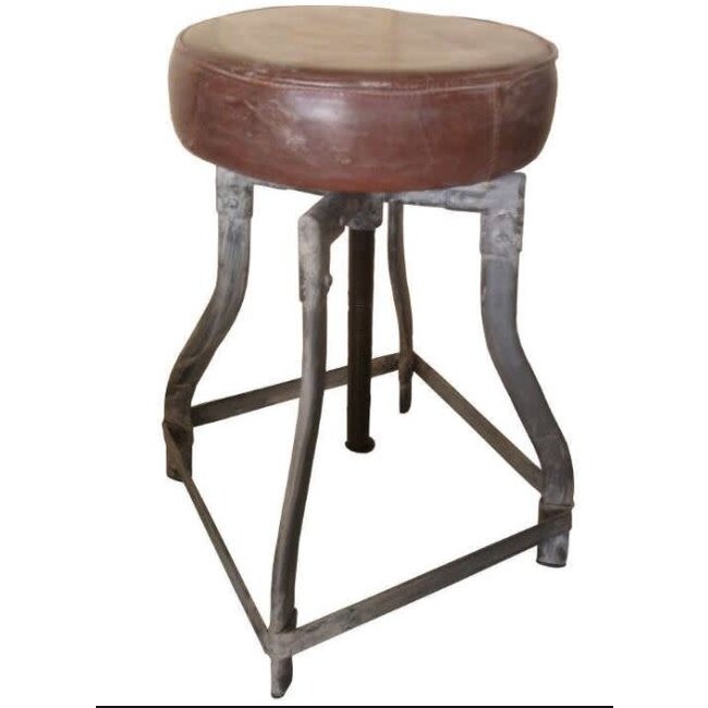 C065 - Iron stool leather seat - 30 cm x 50 cm (70cm uitgedraaid)