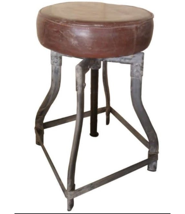 C065 - Iron stool leather seat - 30 cm x 50 cm (70cm uitgedraaid)