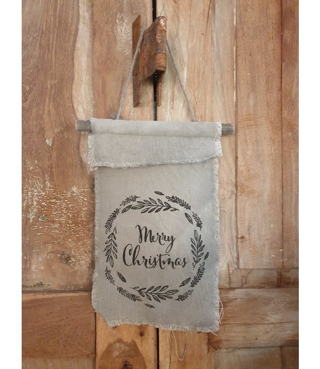 Linnen - doek - hanger - 20 x 30 cm - licht met donker opschrift - Merry Christmas - krans