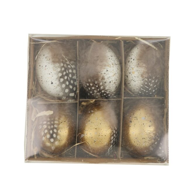 Egg nature with hanger 15x15x5cm 6pc - White/Gold