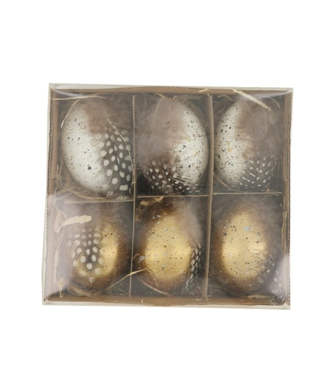 Egg nature with hanger 15x15x5cm 6pc - White/Gold