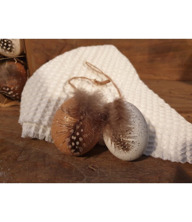 Egg nature with hanger 15x15x5cm 6pc - Natural/White