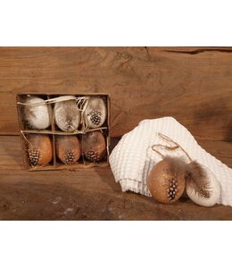 ## wordt niet verzonden - Witte en bruine eierenhangers met veer 15 cm - set van 6