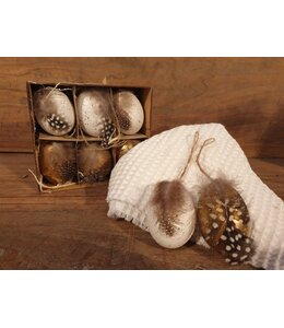 wordt niet verzonden Witte en gouden eierenhangers met veer 15 cm - set van 6