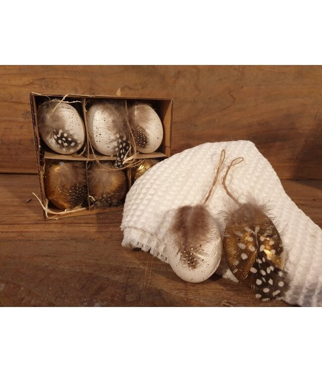 Egg nature with hanger 15x15x5cm 6pc - White/Gold