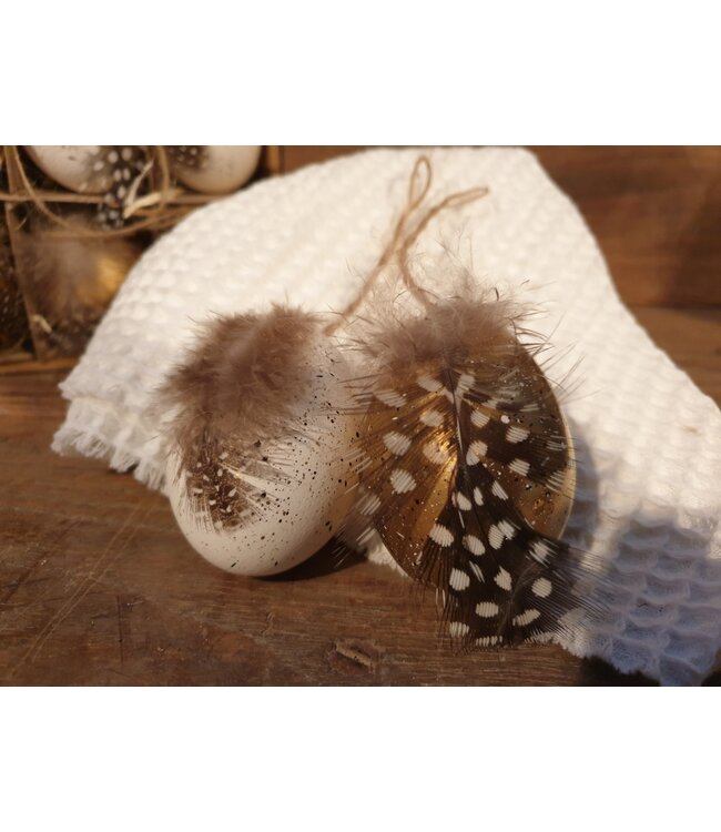 Egg nature with hanger 15x15x5cm 6pc - White/Gold