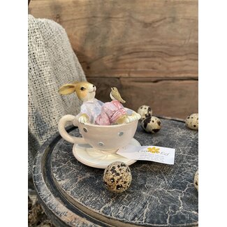 ## wordt niet verzonden - Bruin/roze konijn in kopje "Polyresin" 10 cm