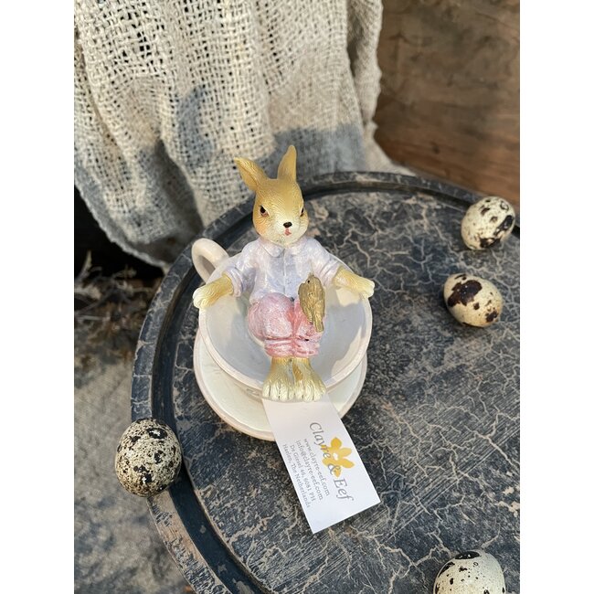 BEELD KONIJN 10X8X8 CM BRUIN ROZE POLYRESIN WOONACCESSOIRES