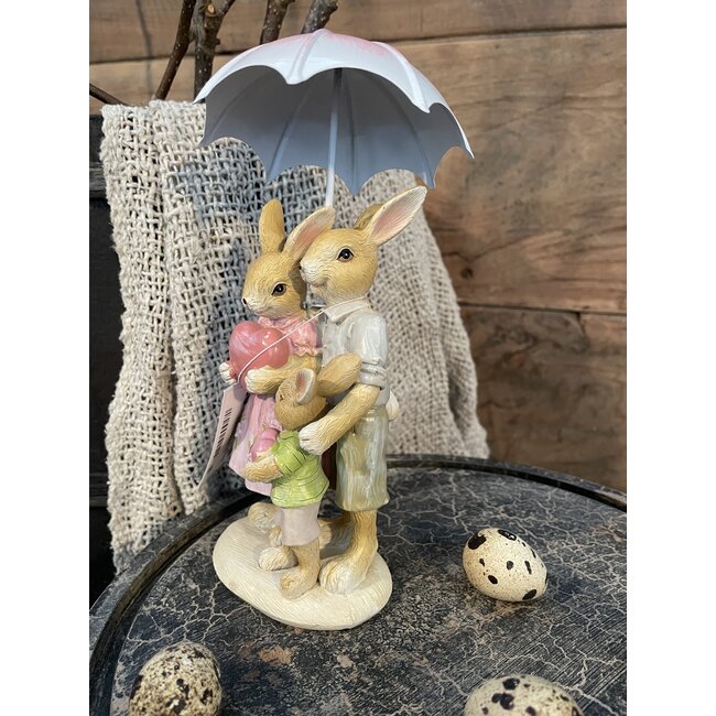 BEELD KONIJN 15 CM BRUIN ROZE POLYRESIN PAASDECORATIE