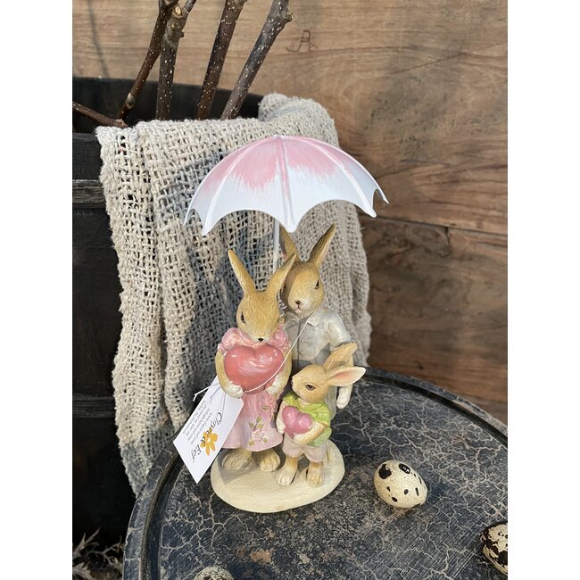 BEELD KONIJN 15 CM BRUIN ROZE POLYRESIN PAASDECORATIE