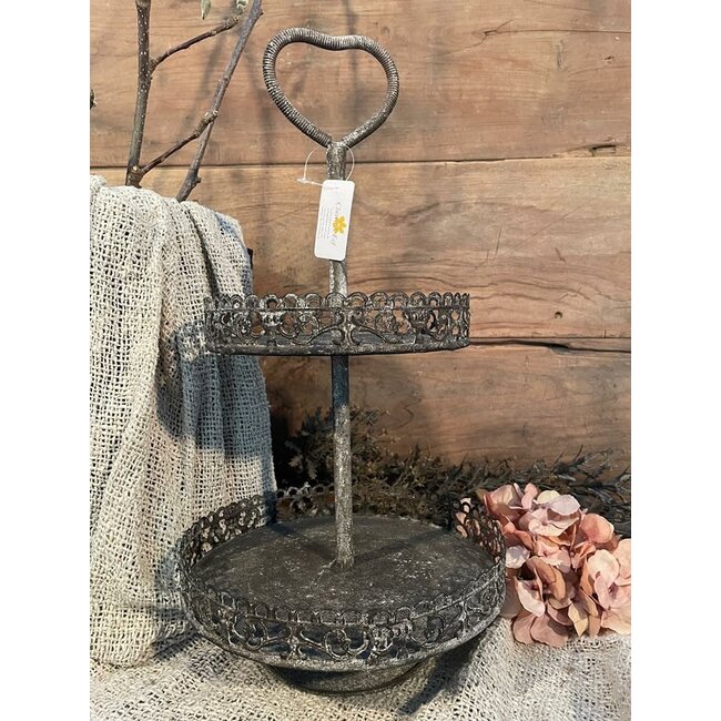 Etagère 2 laags Ø 25x47 cm Zwart Ijzer Hart Rond Fruitschaal etagère