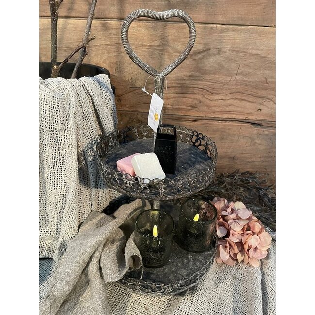 Etagère 2 laags Ø 25x47 cm Zwart Ijzer Hart Rond Fruitschaal etagère